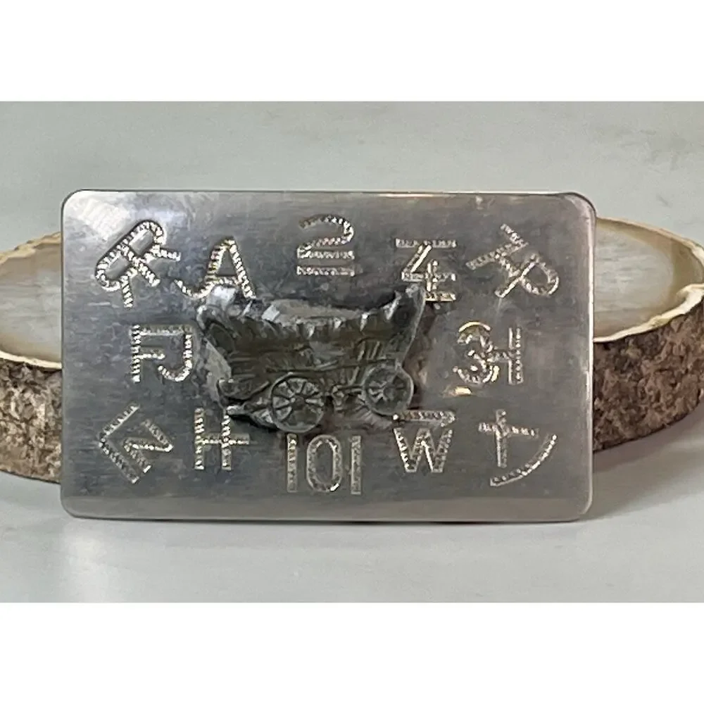 Vtg Western Belt Buckle Covered Wagon Cattle Brands Symbols Chambers Belt Co.